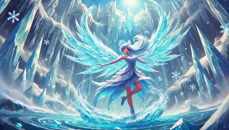 Kış ve kar ortamında, deredeki suların hemen üzerinde havada süzülen kış prensesi League of Legends Anivia görseli