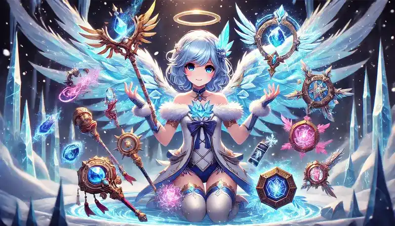 Kar yağan bir kış gününde etrafındaki rün opsiyonlarını sergileyen League of Legends Anivia görseli